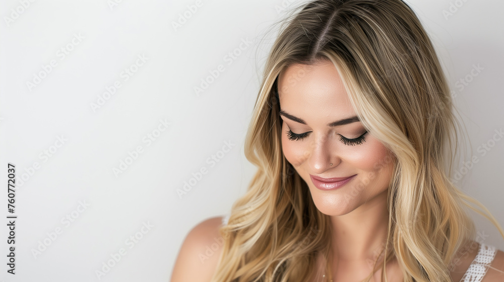 Fototapeta premium Concept of beauty, cosmetics, skin care. Young blond woman smiling against a neutral background with room for copy.