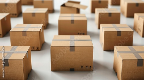 Cardboard boxes isolated on white background. Various cardboard boxes for shipping. Generative AI. © visoot