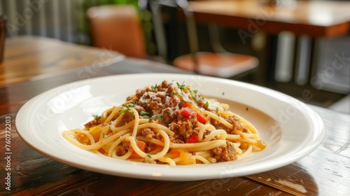 Spaghetti Bolognese on white plate on wooden table. Traditional Italian food. Pasta with meat and cheese.