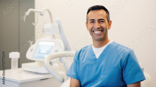 Cheerful dentist man wearing a lab coat standing in a dental clinic with a dental chair and equipment in the background.