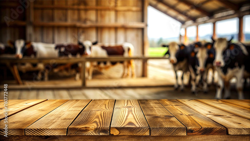 Wooden table with blurred barn background (ID: 760772448)
