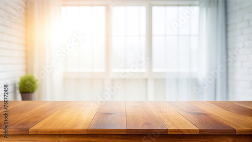 Wooden table with blurred interior background (ID: 760772458)
