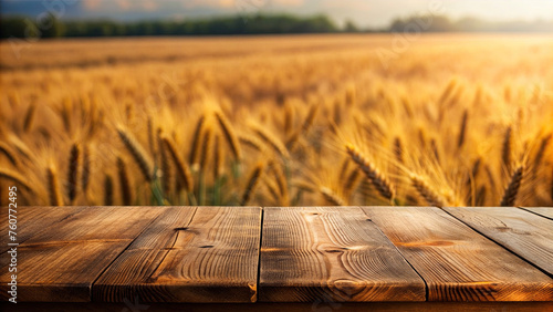 Wooden table with blurred wheat field background (ID: 760772495)