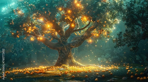 Magical Tree with Glowing Fruit in Tranquil Mystic Grove: A Contemporary Art Movement