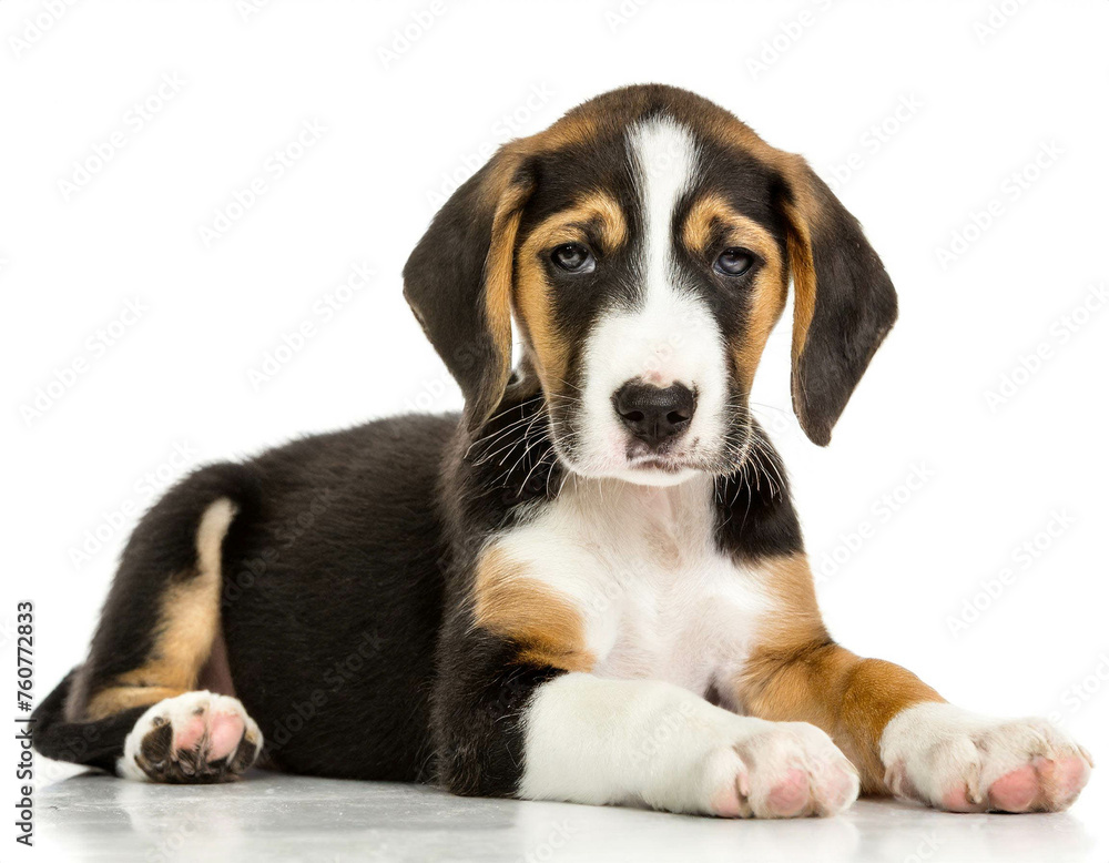 American foxhound welpe liegend isoliert auf weißen Hintergrund, Freisteller 