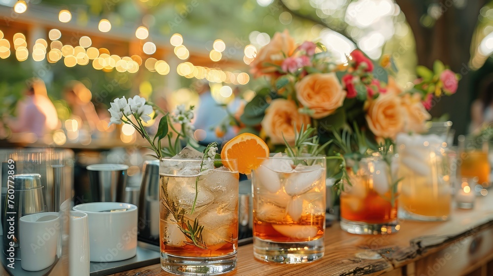 Cocktails being served wedding reception, modern bar setup, outdoor rustic wedding table with cocktails made and waiting. Generative AI.