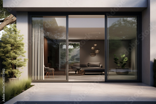 Modern aesthetic glass entrance to a building or villa, sliding glass door. AI generated.