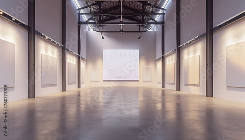 Elegant Gallery Interior with Spacious Layout and High Ceilings, Featuring Empty Canvases for Art Display.