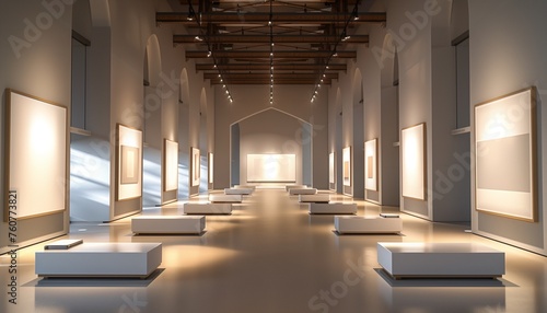 Elegant Gallery Interior with Spacious Layout and High Ceilings, Featuring Empty Canvases for Art Display.