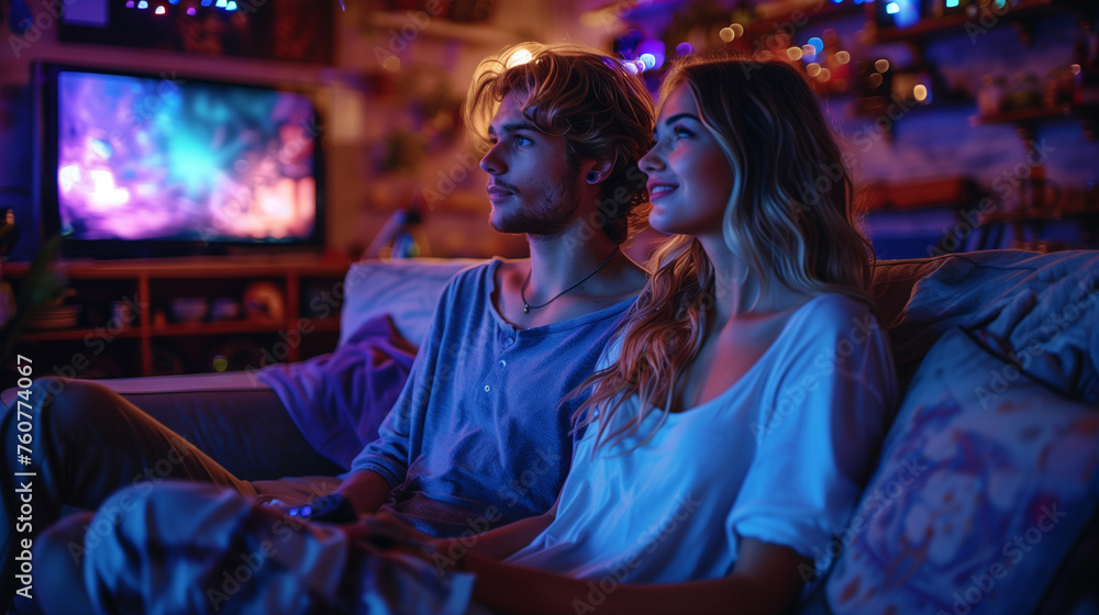 Obraz premium Romantic love. Couples doing an activity together such as watching a film,playing video games.