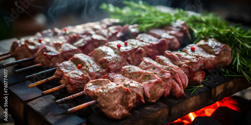 Grilled meat or lamb ribs and cuts of meat on skewers as a barbecue party or picnic. AI generated.