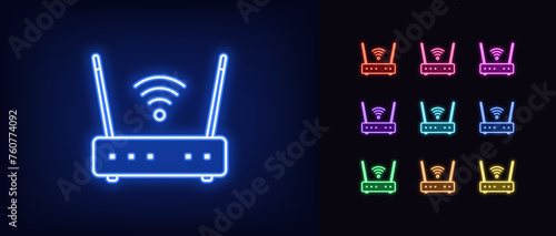 Outline neon wifi router icon set. Glowing neon wifi router with antennas and wave signal. Wireless internet, mobile hotspot, modem with wifi network, internet connection. Vector icon set