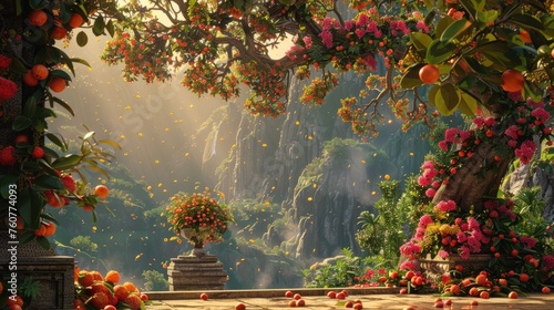 Enchanted Fantasy Garden of Orange Trees Basking in Sunlight with Ancient Temple and Hidden Treasure