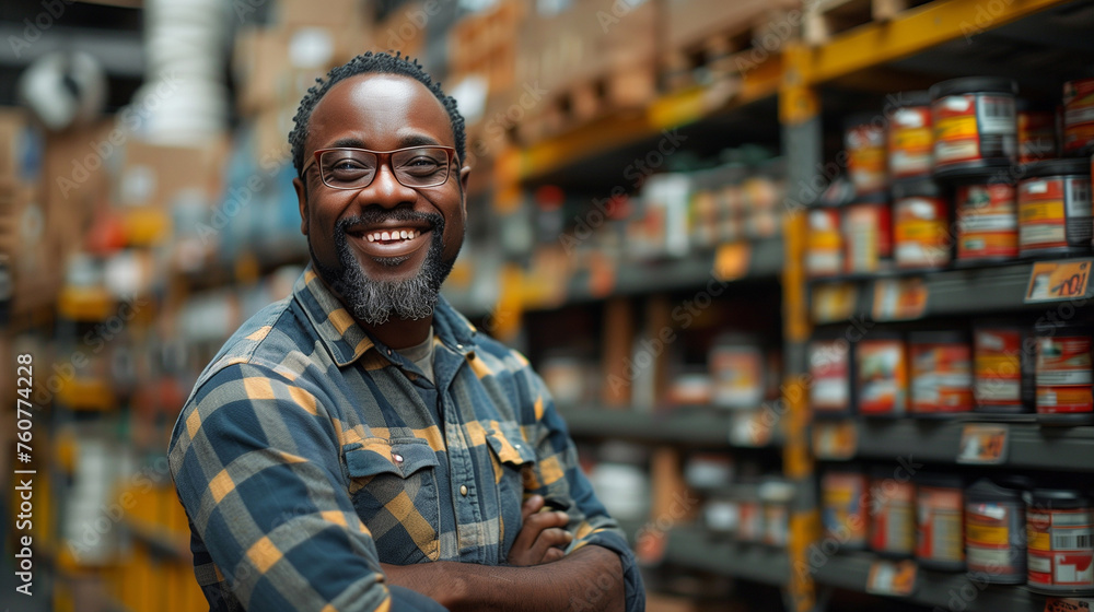 smiling and laughing man in a hardware warehouse standing selects a repair tool.