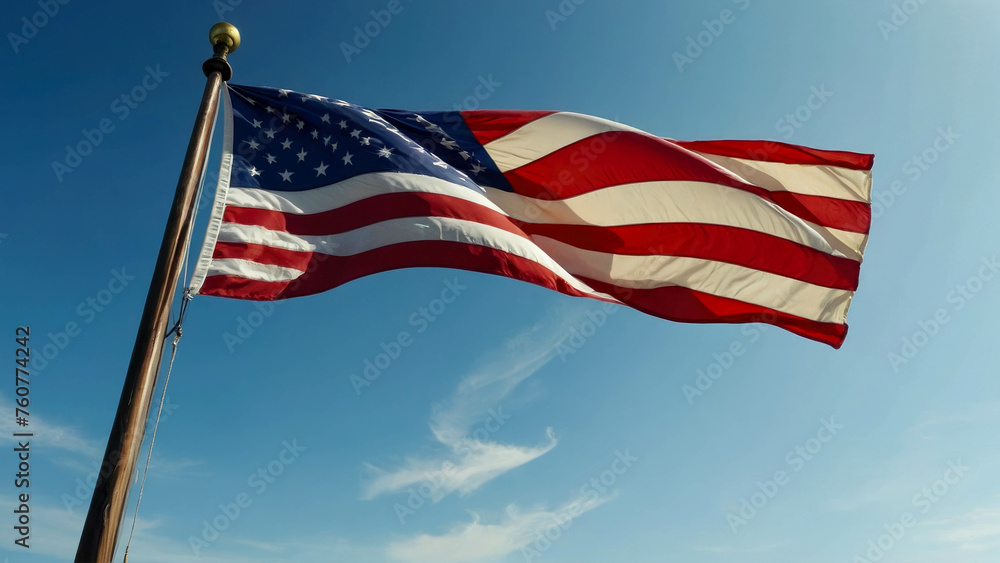 American flag waving in the wind on a background of blue sky American flag waving in the wind on a background of blue sky