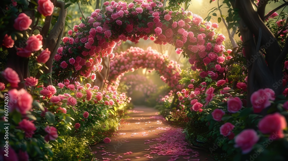 Obraz premium Pink roses arch in a garden, vibrant colors. Generative AI.