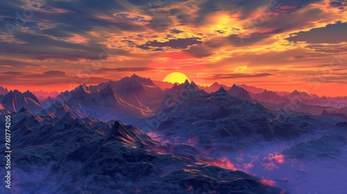 surreal illustration, sunset over the mountains, generative ai © Francheska
