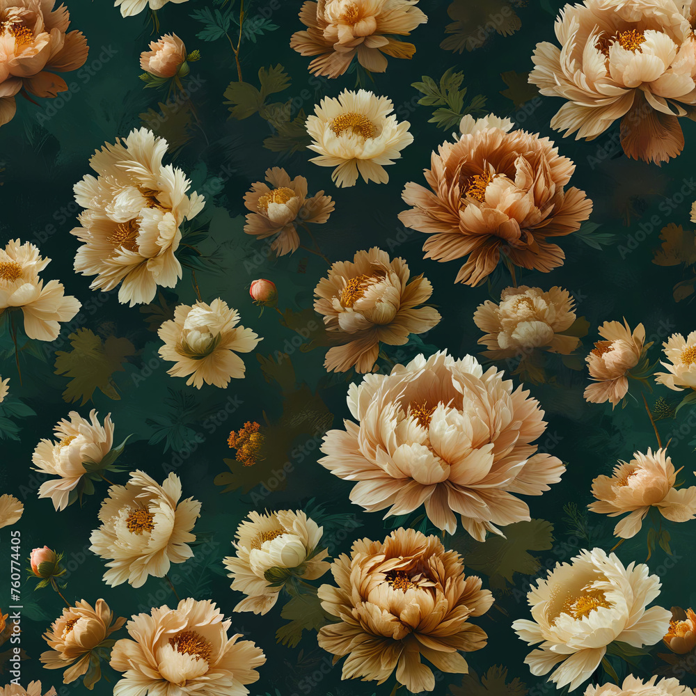 Peony Flowers on Dark Background with Contrasting Textures Gen AI