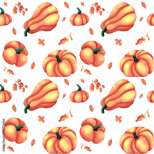 Autumn Pattern Design Hand Drawn in Gouach technic Orange Pumpkin photo
