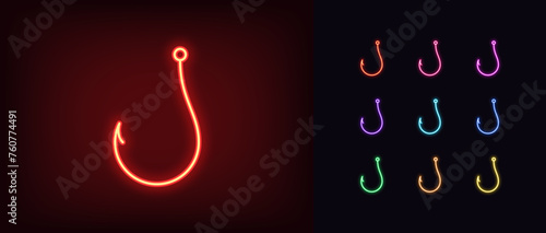 Outline neon fishhook icon set. Glowing neon hook sign, symbol of internet fraud and deceit. Cyber security, bait and trick, digital threat, data theft and fraud, web phishing, scam. Vector icon set photo