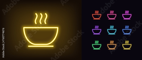 Outline neon hot soup icon set. Glowing neon bowl soup sign with steam. Bowl with hot dish, soup meal with yummy smell, breakfast and lunch food, hot dinner menu, recipe for cooking. Vector icon set