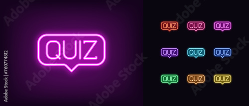 Outline neon quiz icon set. Glowing neon text Quiz inside speech bubble. Game message, quiz time, trivia play, questionnaire and interview, game show with questions and answers. Vector icon set photo