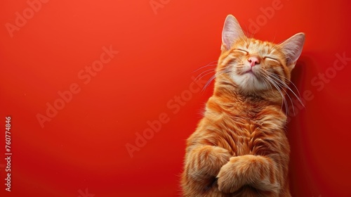A sleeping orange cat with a smile on a red background. © AdriFerrer