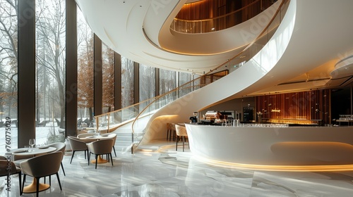 A round plan restaurant in modern luxury style in double volume building with curved staircase. Generative AI. photo