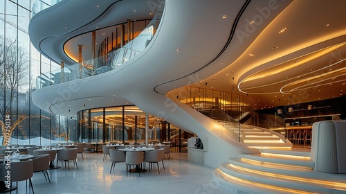 A round plan restaurant in modern luxury style in double volume building with curved staircase. Generative AI.