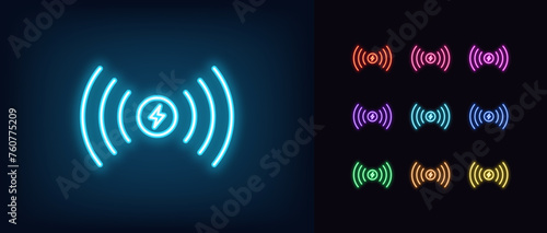Outline neon electric charging point icon set. Wireless charge place with glowing neon lightning sign and waves. Dock station, wireless electromagnetic charger for charging battery device. Vector icon photo