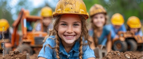 Children, adorned in construction engineer hats, operating toy excavators and dump trucks, simulating construction activities with gleeful expressions