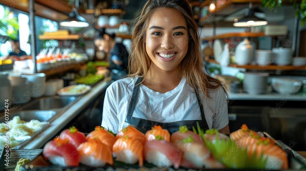 Woman wearing gloves holding a sashimi tray in both hands with a smiling face. She is standing at the kitchen. Generative AI.