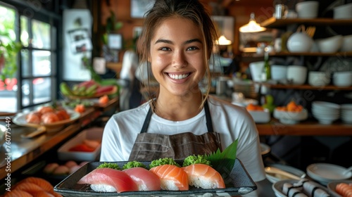 Woman wearing gloves holding a sashimi tray in both hands with a smiling face. She is standing at the kitchen. Generative AI.