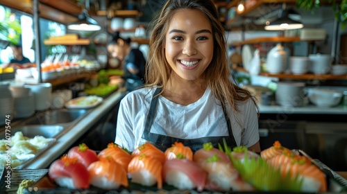 Woman wearing gloves holding a sashimi tray in both hands with a smiling face. She is standing at the kitchen. Generative AI.