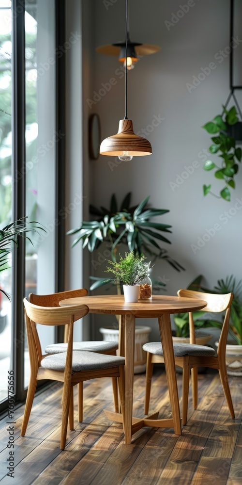 Interior design with wooden round table and chairs. Modern dining room with white wall.