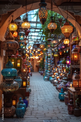 Turkish bazaar of various traditional souvenirs, selective focus