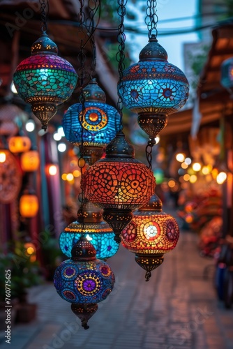 Traditional colorful turkish lamps in market