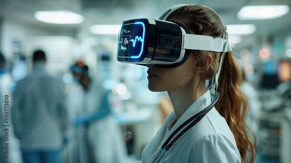 A female doctor wearing a VR headset with a heart rate monitor with holograms. there are other doctors on the background. Generative AI.