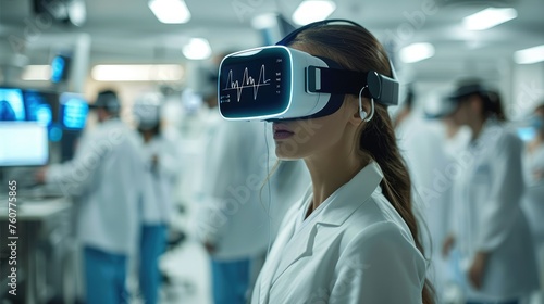 A female doctor wearing a VR headset with a heart rate monitor with holograms. there are other doctors on the background. Generative AI.