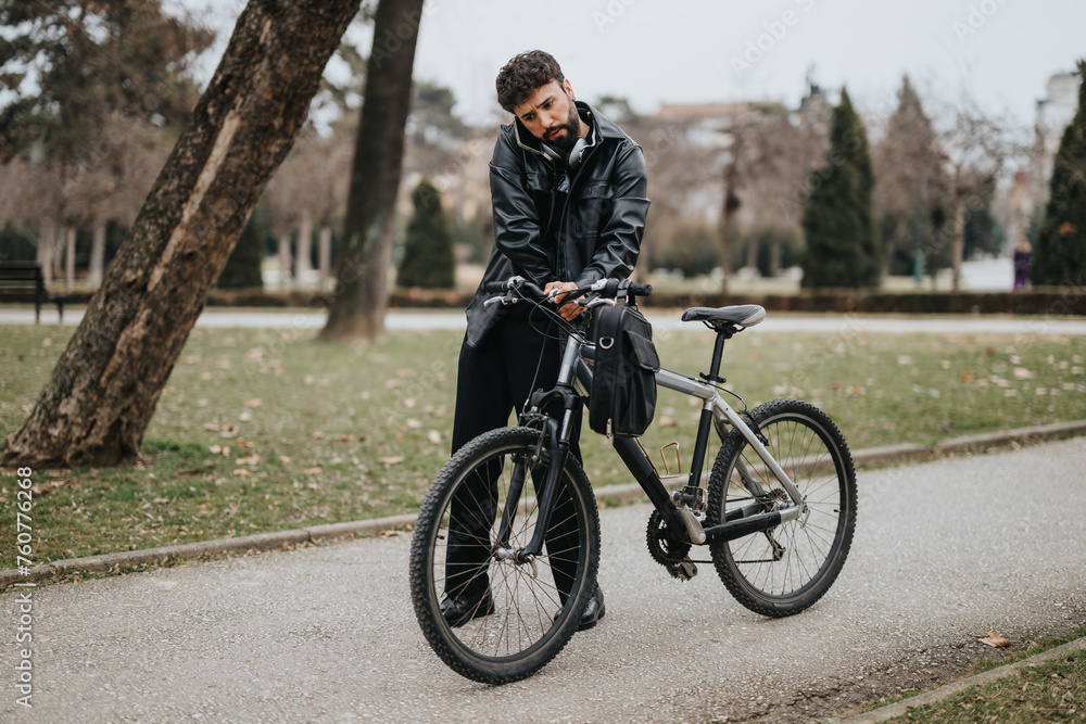 A contemplative male business entrepreneur takes a break in the park with his bicycle, dressed in a stylish leather jacket. A contemplative male business entrepreneur takes a break in the park with his bicycle, dressed in a stylish leather jacket.