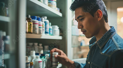 Man is closely examining a medicine bottle he is holding, standing in front of a medicine cabinet filled with various bottles and containers. photo