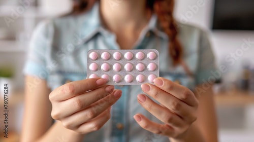 Woman holding birth control pills generative ai