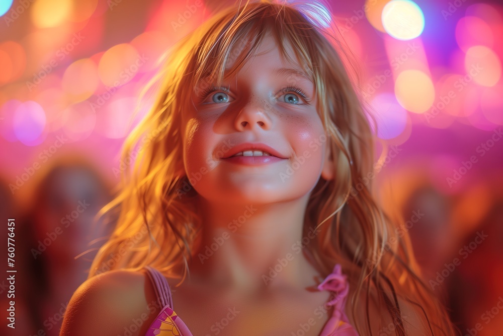 A radiant close-up of a delightful young girl with an illuminated and awe-filled expression at a vibrant festive occasion