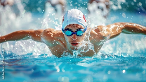 Competitive swimmer racing in pool. © Kasorn