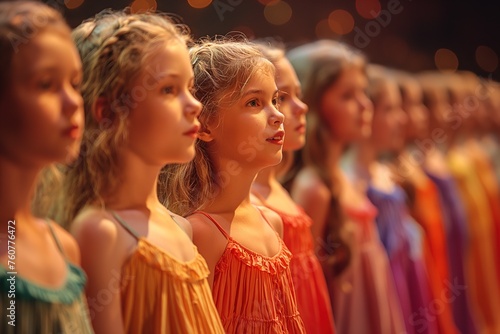 A lively depiction of a group of young girls in vibrant dresses lined up on stage, emanating collective joy and harmony