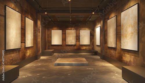 Luxurious Art Gallery Interior with Velvet Textured Walls and Spacious Layout for Canvas Displays. 