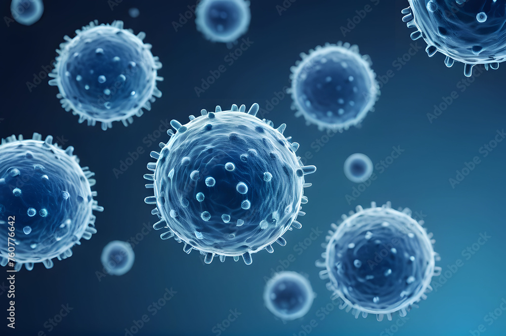 Bacteria and viral cells on a blue background