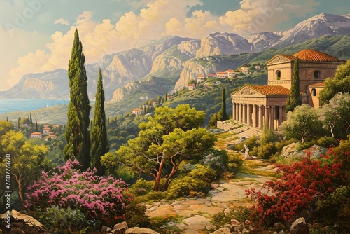 Picturesque Ancient greece landscape. Temple art. Generate Ai photo