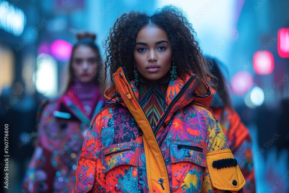Stylish young model in a colorful winter coat and accessories stands on an urban street