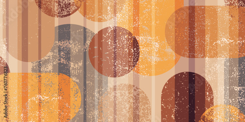 Retro wallpaper design. Geometric colorful forms with grunge texture, stripes. Abstract art composition. Bright warm colors.